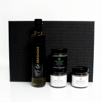 Geschenkbox mit weißem Balsamico Essig, Bio-Thymian, geräuchertem Meersalz, Bio-Kräutersalz