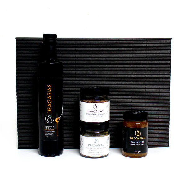 Geschenkbox mit  Balsamico Essig mit Honig, Bio-Kräutersalz, Thymianhonig, geräuchertem Meersalz