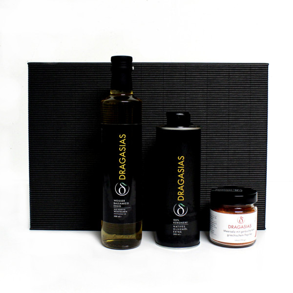 Geschenkbox mit Dragasias Olivenöl, weißem Balsamico Essig und  Meersalz mit geräuchertem Paprika