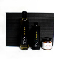 Geschenkbox mit Dragasias Olivenöl, weißem Balsamico Essig, Meersalz mit geräuchertem Paprika