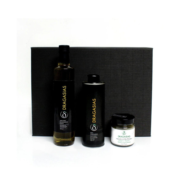 Geschenkbox mit Dragasias Olivenöl, weißem Balsamico Essig, Bio-Kräutersalz
