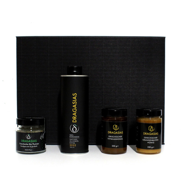 Geschenkbox mit Dragasias Olivenöl, Bio Thymian, Thymianhonig, Orangenhonig