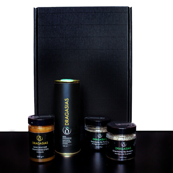 Geschenkbox mit Dragasias Olivenöl, Thymian,  Rosmarin, Orangenhonig